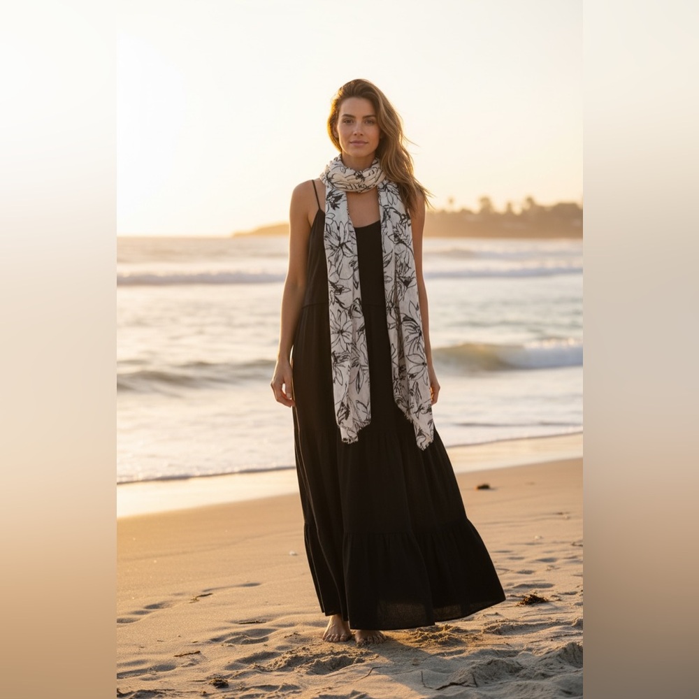 JOIE Black Linen Blend Maxi Sundress Dress Scarf Sz 10 Med NEW Boho Beach Summer